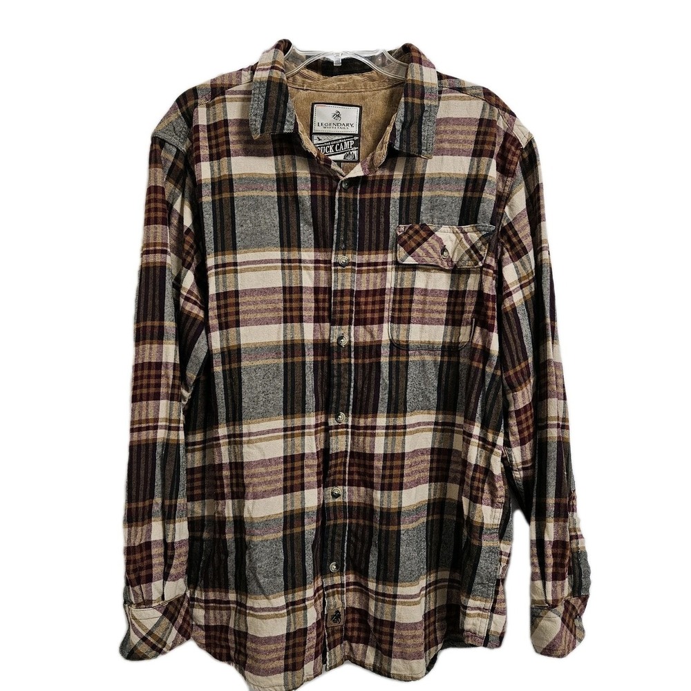 Legendary Whitetails Flannel Shirt Men XL Plaid Buck Camp Corduroy Trim Burgundy